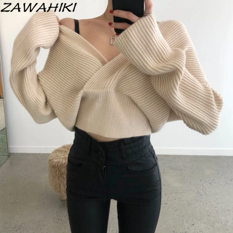 Zawхитки женская одежда корейский модный свитер пуловер с V-образным вырезом однотонные короткие вязаные топы с длинным рукавом Повседневны... 
Zawхитки женская одежда корейский модный свитер пуловер с V-образным вырезом однотонные короткие вязаные топы с длинным рукавом Повседневны...