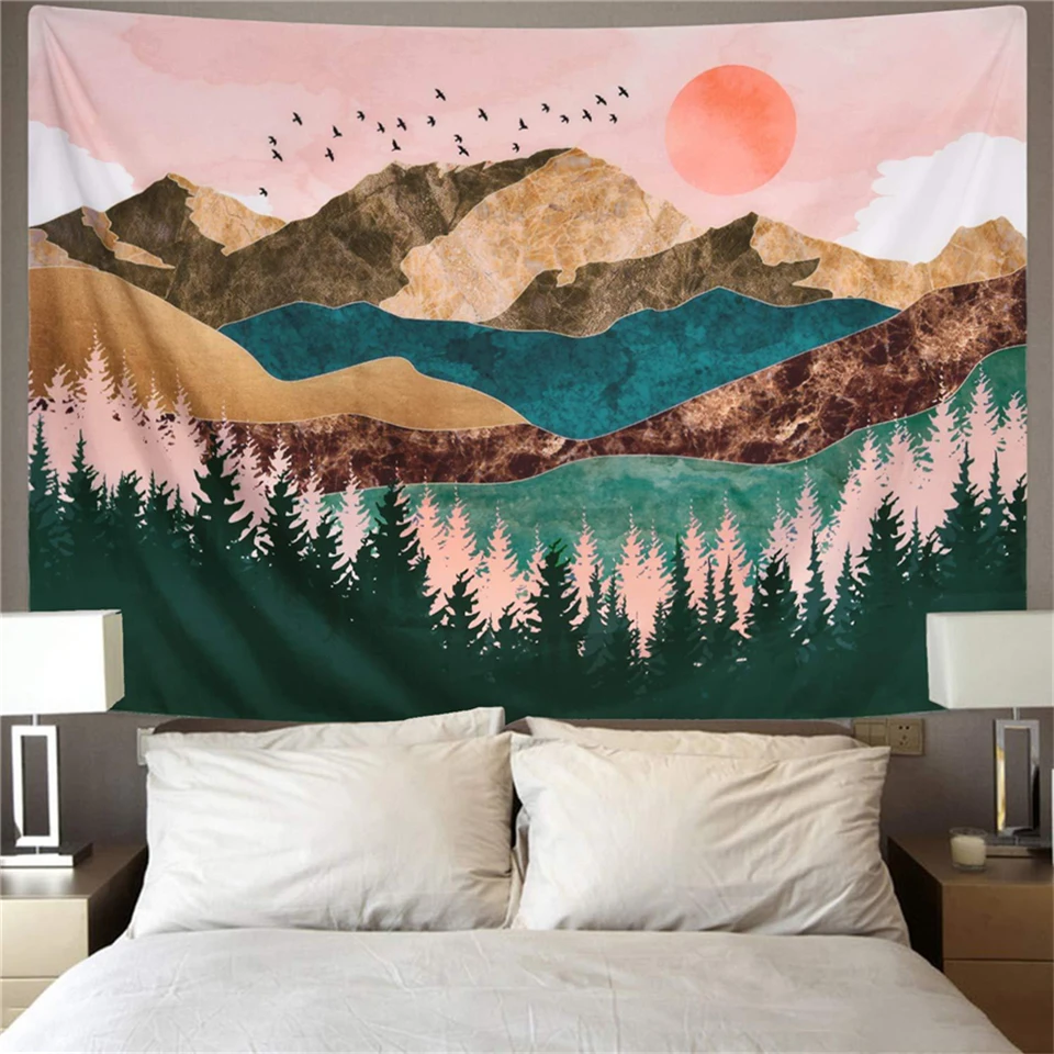 

Japanese Sunset Tapestry Pink Mountain Nature Forest Wave Abstract Landscape Boho Decor Hanging Wall Tapestries Mandala Blanket