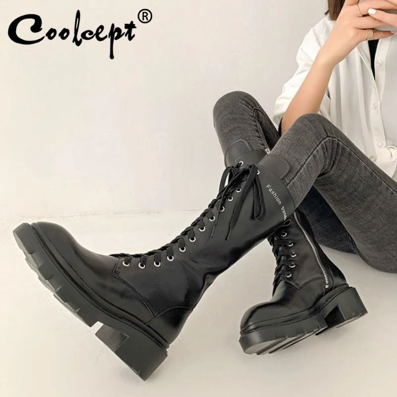 Coolcept New Women Mid Calf Real Leather Boots Shoes Long Boots Square Heels Cross Strap Zipper Cool Ladies Footwear Size 34-40
Coolcept New Women Mid Calf Real Leather Boots Shoes Long Boots Square Heels Cross Strap Zipper Cool Ladies Footwear Size 34-40