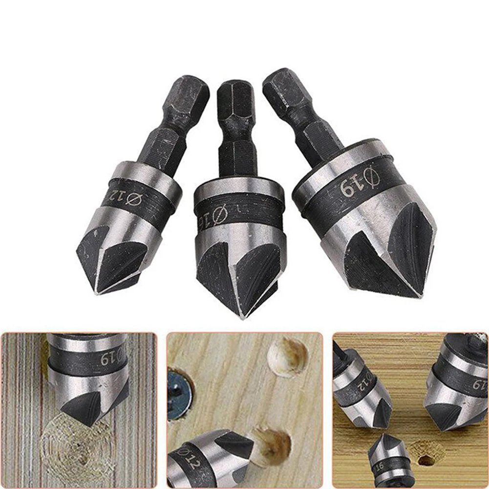 90 Degree Chamfer Drill Bit Set 1/4" Round 12/16/19mm 5 Flute Wood Working Drill Bit Cutter Countersink Drill Bit Set Power Tool
90 Degree Chamfer Drill Bit Set 1/4" Round 12/16/19mm 5 Flute Wood Working Drill Bit Cutter Countersink Drill Bit Set Power Tool