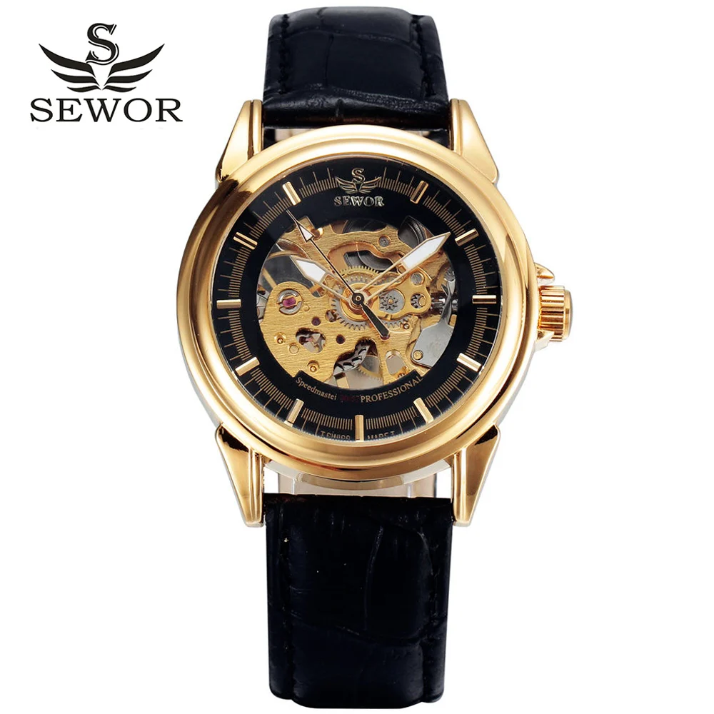 Новый SEWOR Бизнес Мода Скелет кожаные мужские часы Механическая рука Ветер