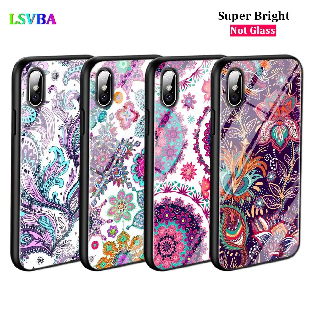 Фото Черный глянцевый чехол с цветами мандалой хной для iPhone 11 11Pro X XR XS Max 8 7 6 6S Plus 5 SE