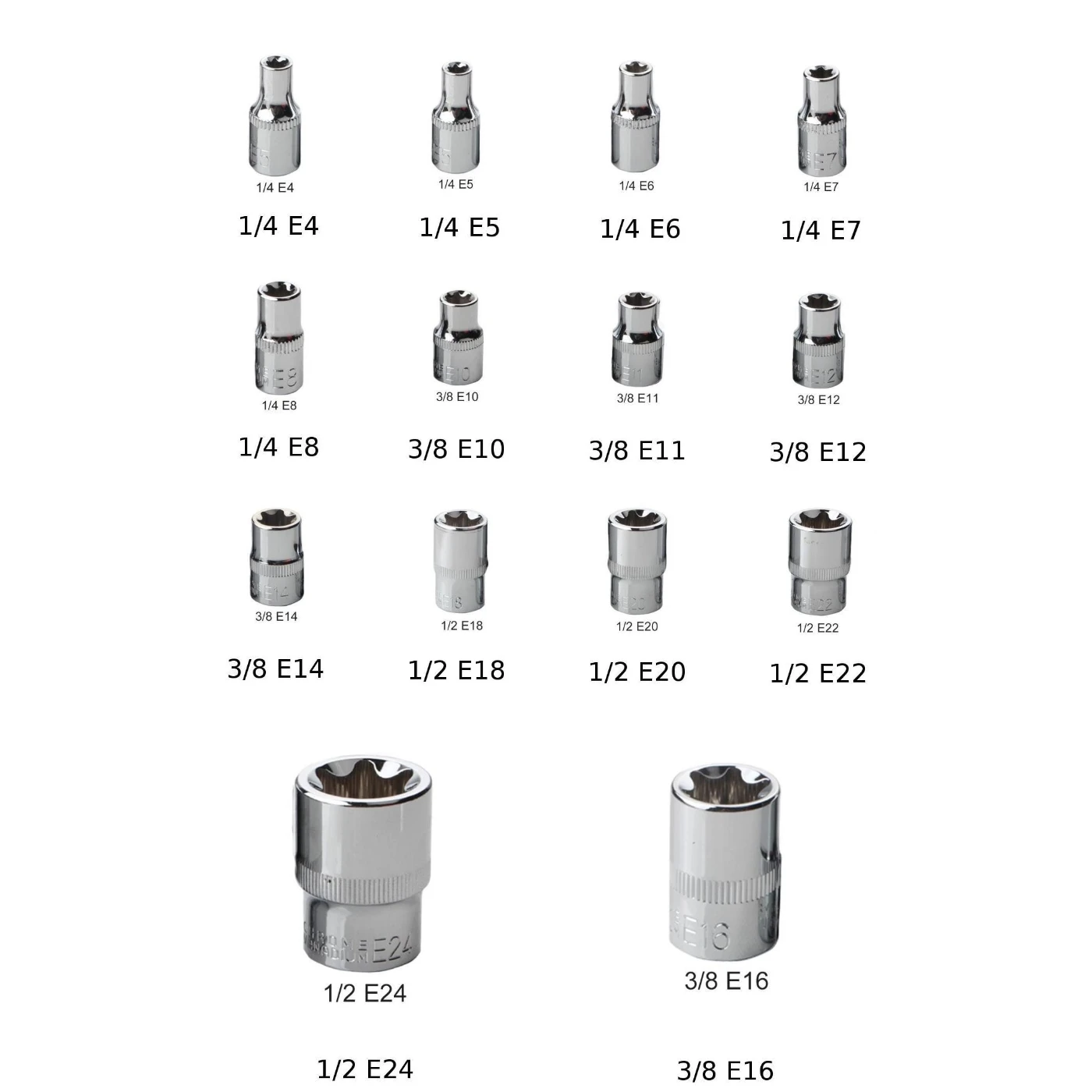 1/2" 3/8" 1/4" E-Type Hex Ratchet Wrench Socket Torx Bit E4-E24 Chromium Vanadium Steel 50VB30 Car Repair Tool
1/2" 3/8" 1/4" E-Type Hex Ratchet Wrench Socket Torx Bit E4-E24 Chromium Vanadium Steel 50VB30 Car Repair Tool