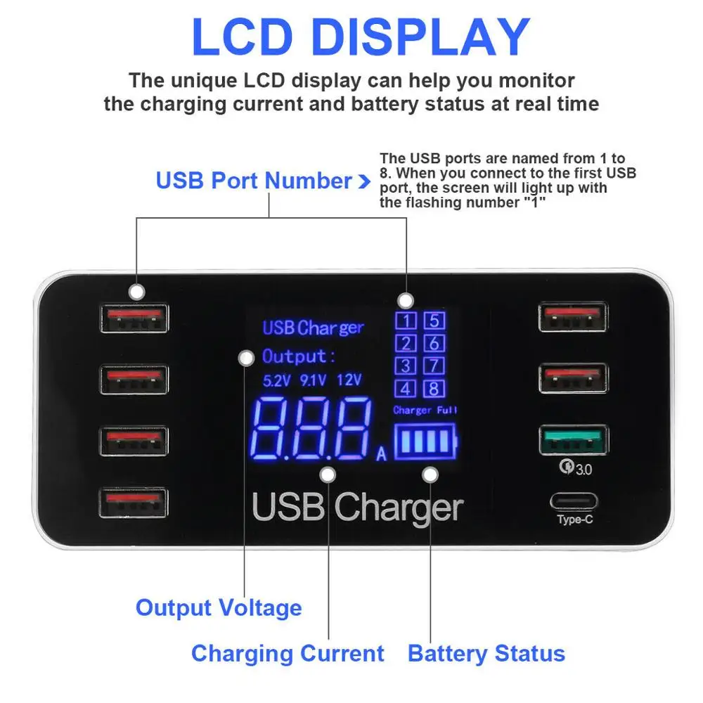 5V/8A Multiple Ports USB Charger Desktop Charging Station Hub Type C Quick Charge 3.0 LCD Display Mobile Phone | Мобильные телефоны