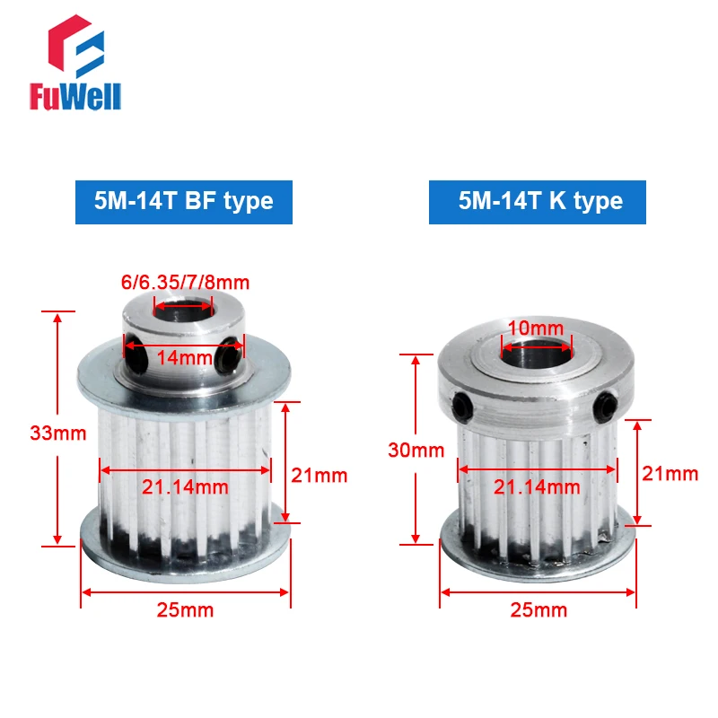 HTD5M 14T Timing Pulley 14Teeth Transmission Pulley 21mm Belt Width 6/6.35/7/8/10mm Bore Aluminum Alloy 5M Toothed Belt Pulley
HTD5M 14T Timing Pulley 14Teeth Transmission Pulley 21mm Belt Width 6/6.35/7/8/10mm Bore Aluminum Alloy 5M Toothed Belt Pulley