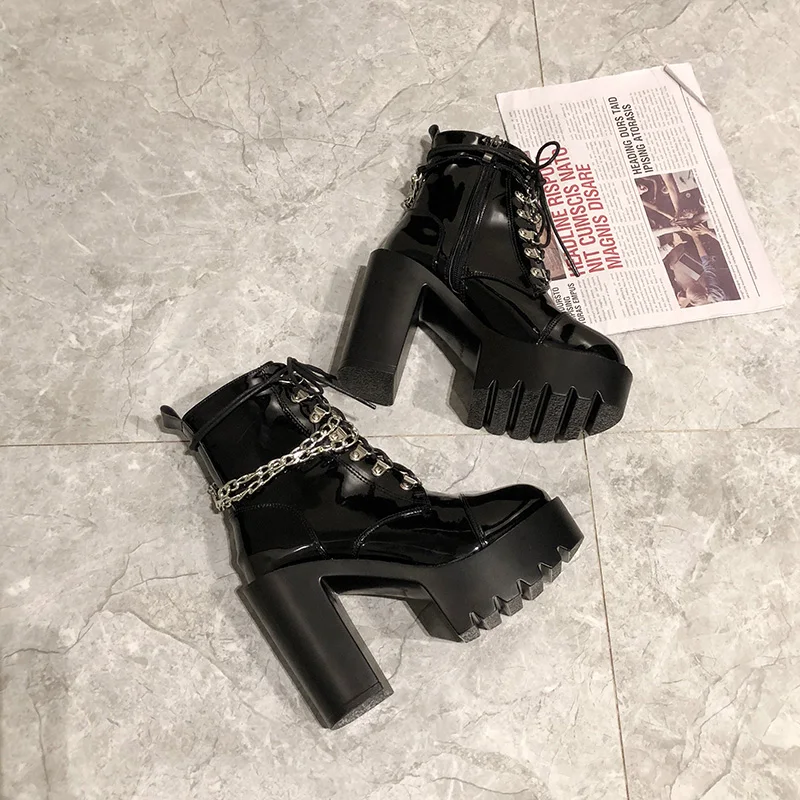High heels punk shoes motorcycle botas ladies sexy rivets roman chains martin boots women platform leather botte LJB187-1
High heels punk shoes motorcycle botas ladies sexy rivets roman chains martin boots women platform leather botte LJB187-1