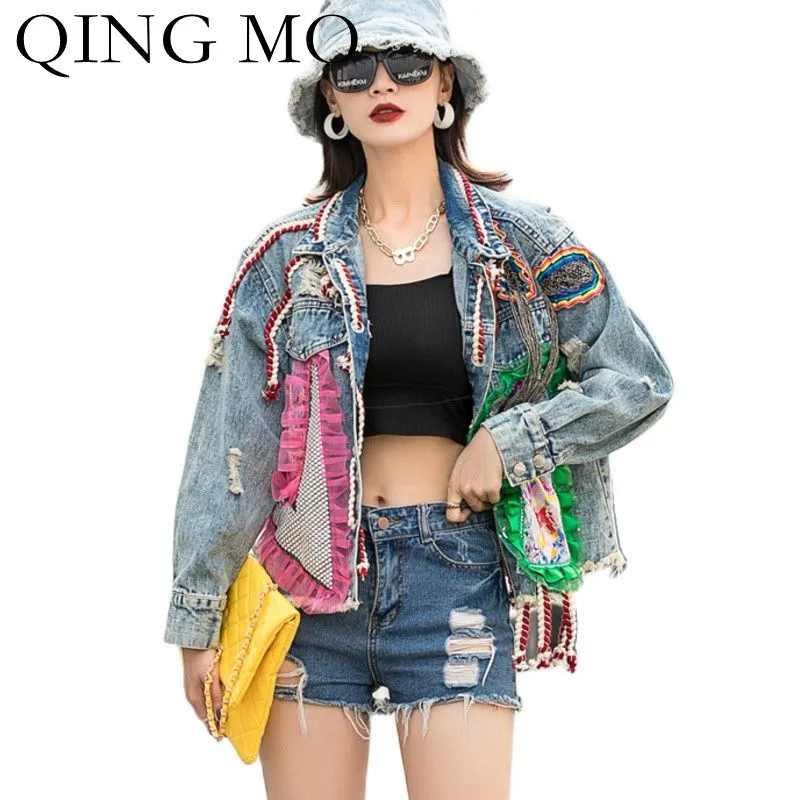 Женское джинсовое пальто QING MO, Черное и синее пальто с кружевными рваными шортами, кардиган с прострочкой на осень, 2021
Женское джинсовое пальто QING MO, Черное и синее пальто с кружевными рваными шортами, кардиган с прострочкой на осень, 2021