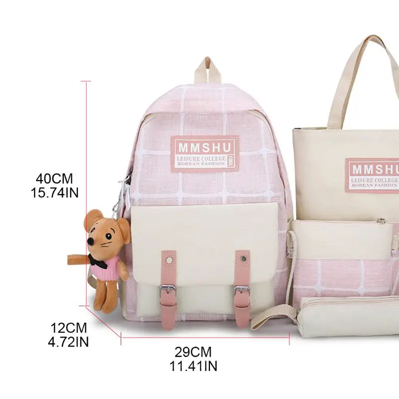 

J60D 4pcs Canvas Daypacks Casual School Backpack Shoulder Bags Bookbag Pencil Case Set for Teenagers Girls Student