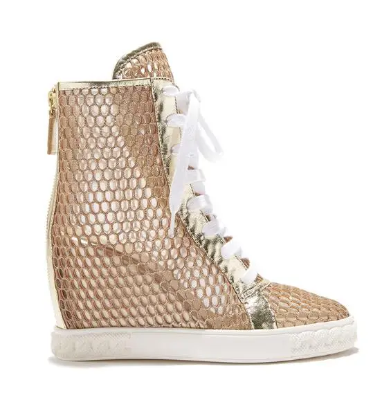 New Woman Golden and Goldust Hollow Out High Top Ironic Sneakers Round Toe Lace Up 8 cm Hidden Wedge Nylon Net Short Boots
New Woman Golden and Goldust Hollow Out High Top Ironic Sneakers Round Toe Lace Up 8 cm Hidden Wedge Nylon Net Short Boots