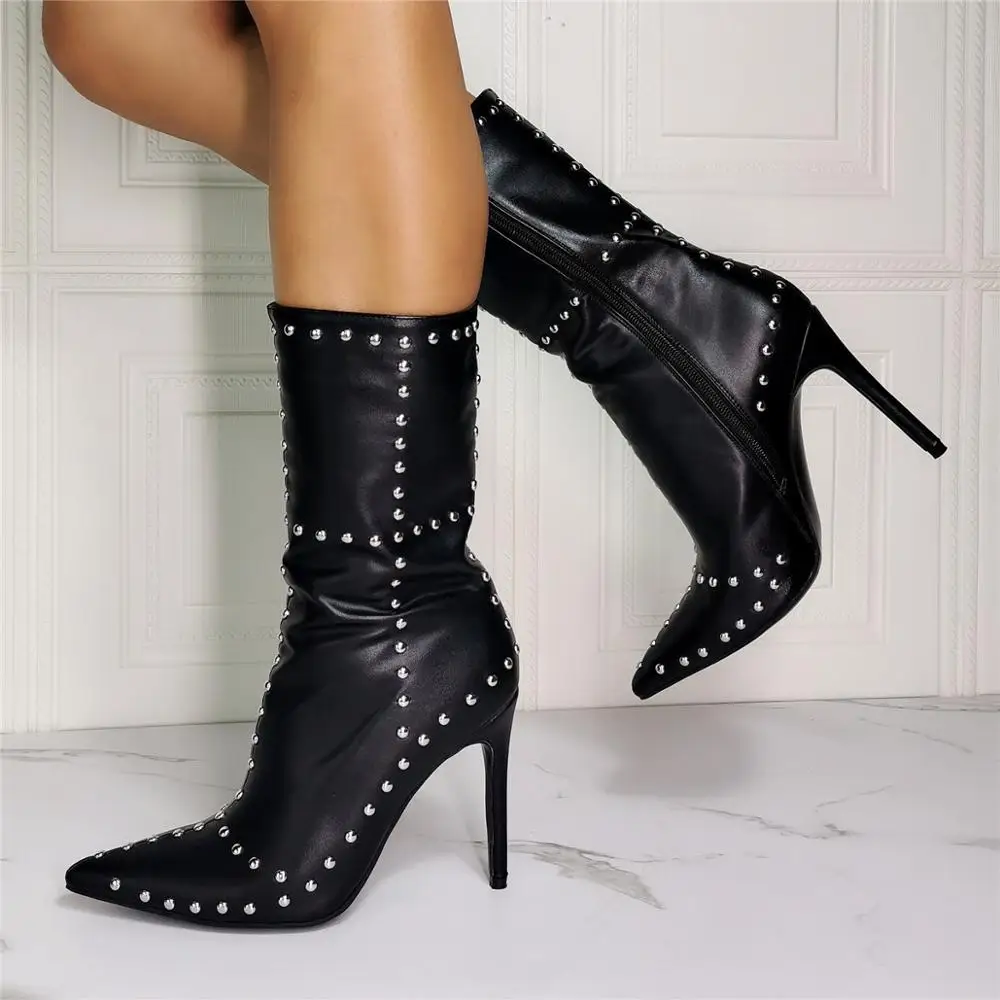 

ASHIOFU Handmade New Ladies High Heels Boots Rivets Spikes Party Dress Ankle Boots Pointy Evening Club Fashion Winter Short Boot