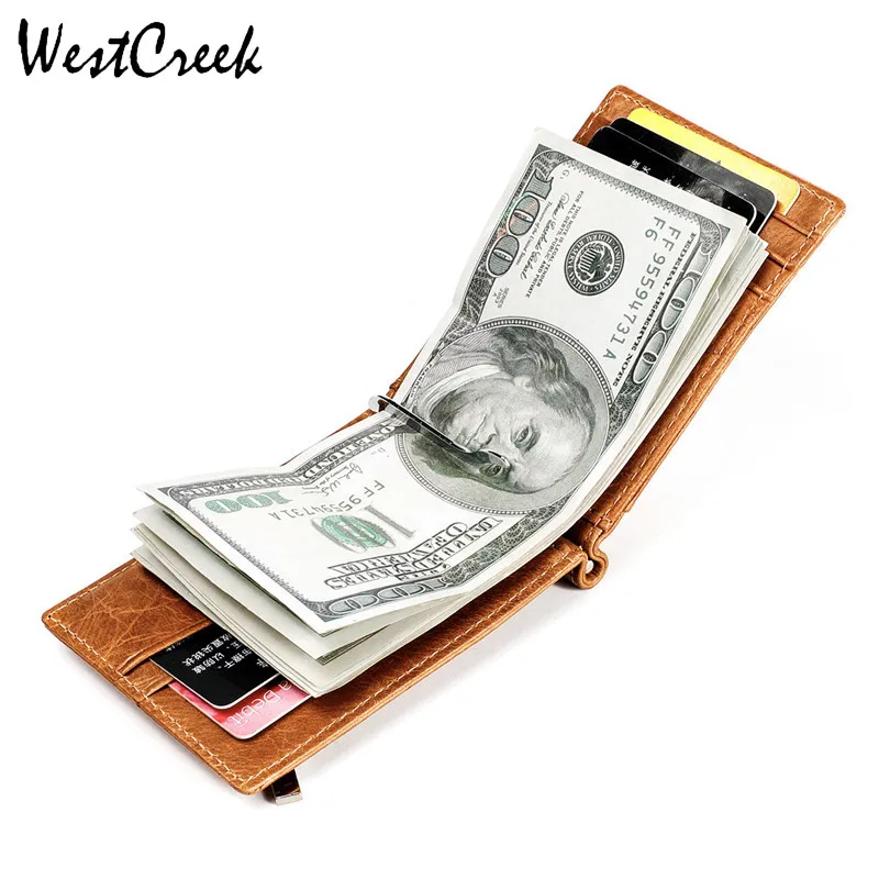 

WESTCREEK Brand RFID Genuine Leather Money Clip Card Purse Business Casual Men's Wallet Crazy Horse Skin Dollar Wallet