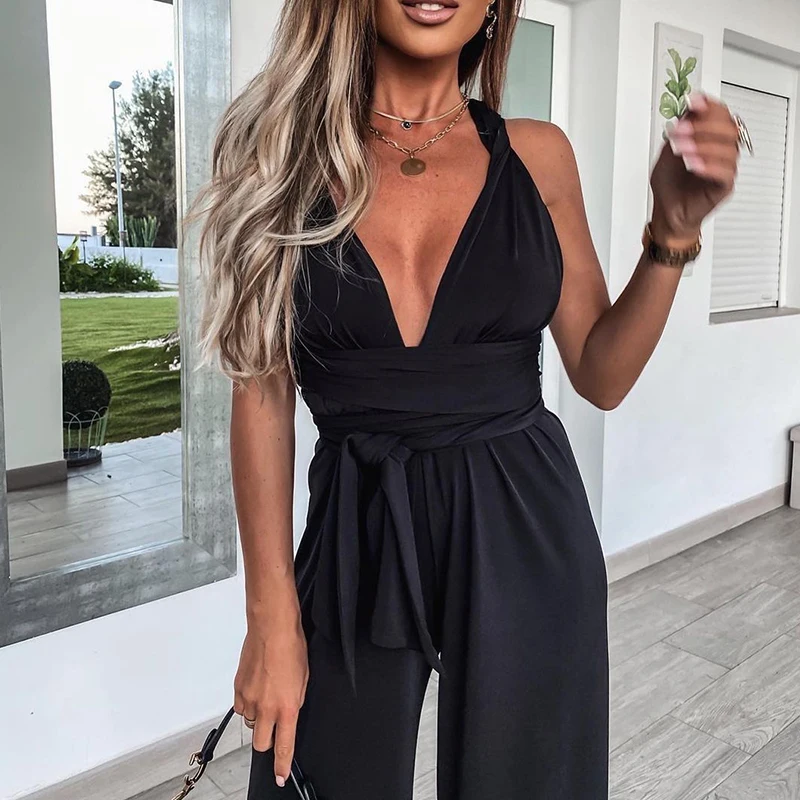 Summer Elegant Solid V Neck Jumpsuit Women Sexy Sleeveless Backless Romper Ladies Fashion Bandage Belt Wide Leg Playsuits
Summer Elegant Solid V Neck Jumpsuit Women Sexy Sleeveless Backless Romper Ladies Fashion Bandage Belt Wide Leg Playsuits