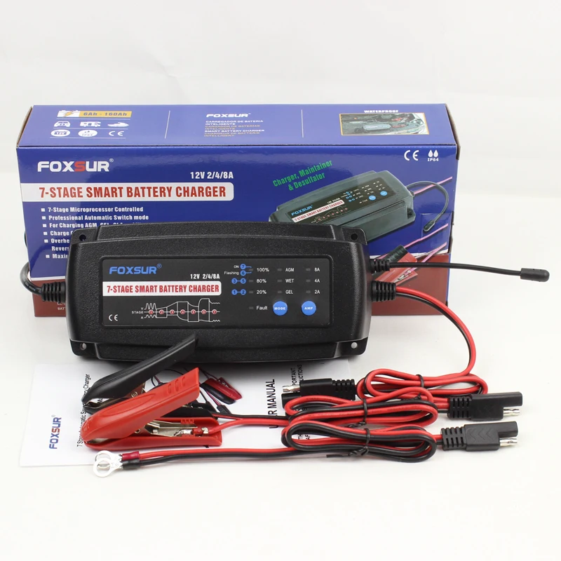 FOXSUR 12V 2A 4A 8A 7-ступенчатое умное автомобильное зарядное устройство для аккумуляторов, гелевое влажное зарядное устройство AGM, Тип аккумулятора, зарядный ток на выбор
FOXSUR 12V 2A 4A 8A 7-ступенчатое умное автомобильное зарядное устройство для аккумуляторов, гелевое влажное зарядное устройство AGM, Тип аккумулятора, зарядный ток на выбор