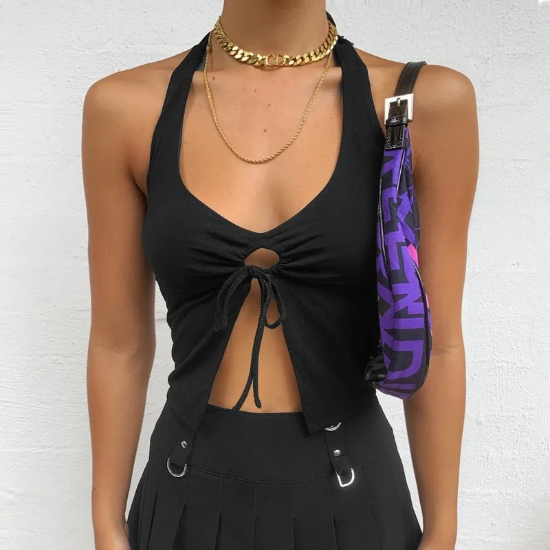 Casual Halter-neck Lace Up Backless Summer Crop Top Women Sexy Hollow Out Slip Top Females Street Wear Club Party Cropped Tops 
Casual Halter-neck Lace Up Backless Summer Crop Top Women Sexy Hollow Out Slip Top Females Street Wear Club Party Cropped Tops