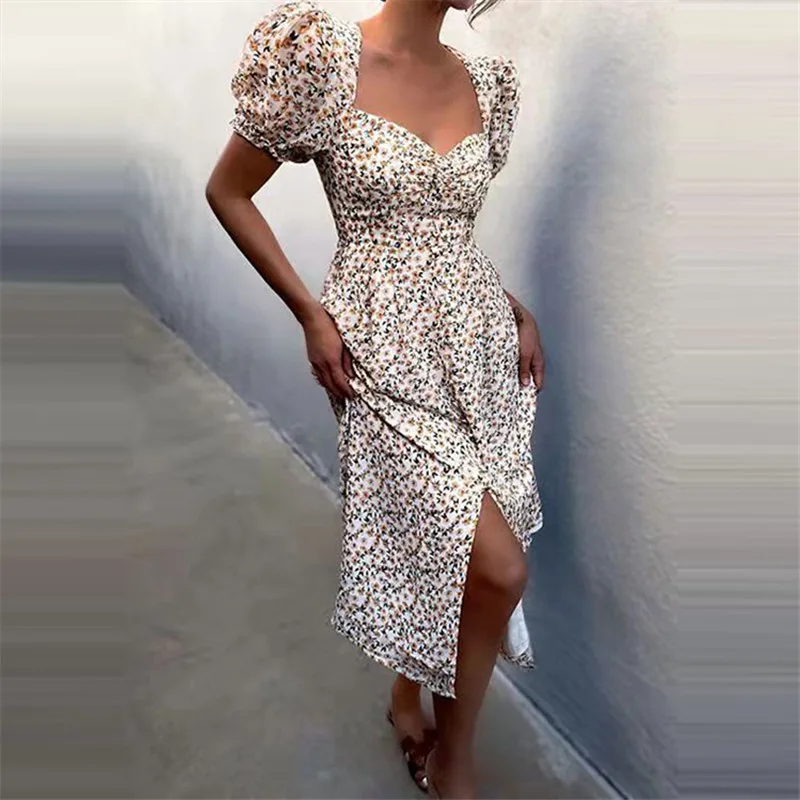 Floral Printed Women Summer Midi Dress 2021 Puff Short Sleeve Sundress Vintage Partywear Split Sexy Holiday Dresses French Style
Floral Printed Women Summer Midi Dress 2021 Puff Short Sleeve Sundress Vintage Partywear Split Sexy Holiday Dresses French Style