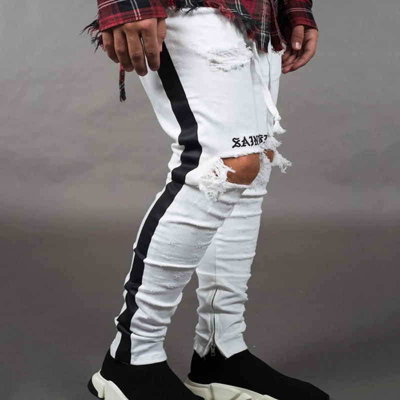 Men Jeans Side Striped Knee Hole Ripped Embroidery Skinny Jeans Black Pencil Pants Side Striped Drawstring Jeans Men Clothing
Men Jeans Side Striped Knee Hole Ripped Embroidery Skinny Jeans Black Pencil Pants Side Striped Drawstring Jeans Men Clothing