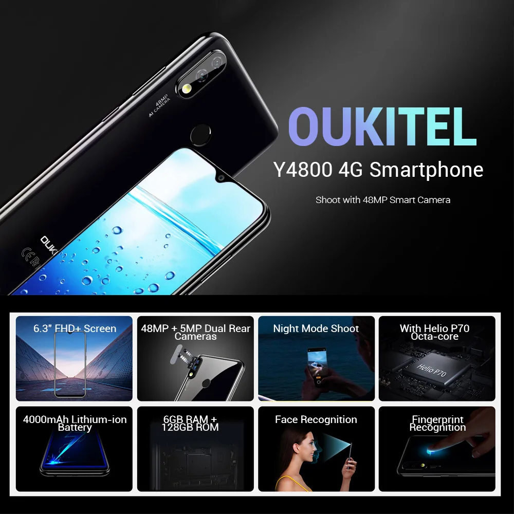 OUKITEL Y4800 6.3" FHD+ Big Screen Smartphone Android 9.0 Octa Core 6G 128G Fingerprint 4000mAh 9V/2A Face ID Mobile Phone
OUKITEL Y4800 6.3" FHD+ Big Screen Smartphone Android 9.0 Octa Core 6G 128G Fingerprint 4000mAh 9V/2A Face ID Mobile Phone