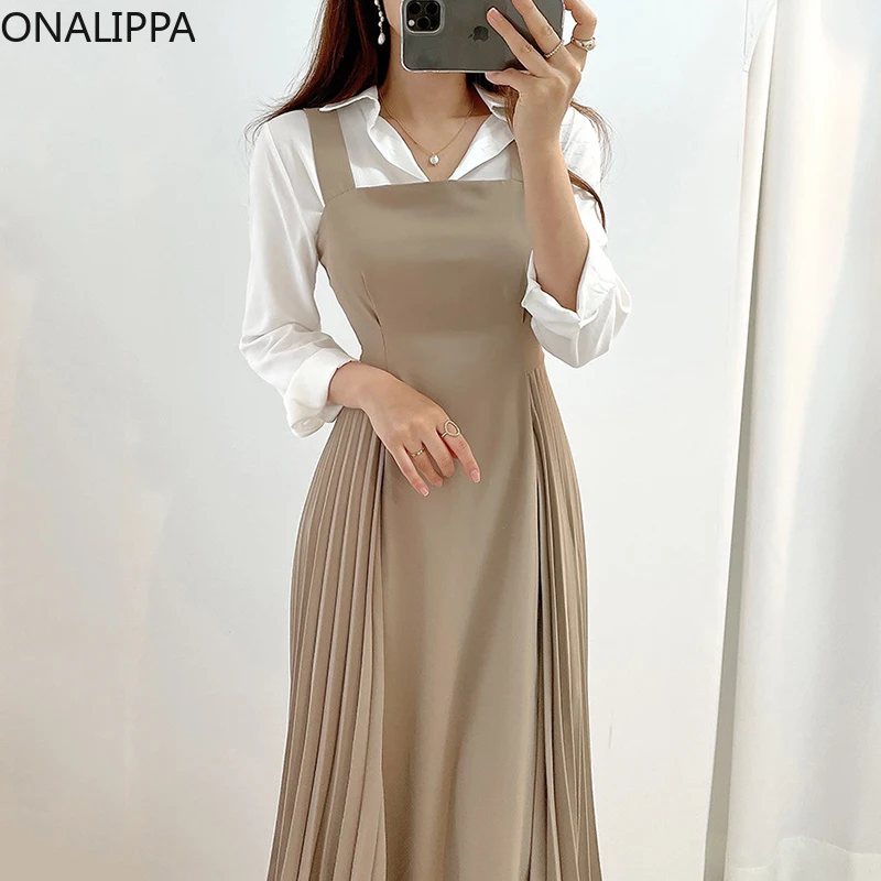 ONALIPPA Women Sets 2021 Autumn Korean Temperament Style Lapel Tie Long-Sleeved Shirt High-Waist Side Pleated Suspender Dress
ONALIPPA Women Sets 2021 Autumn Korean Temperament Style Lapel Tie Long-Sleeved Shirt High-Waist Side Pleated Suspender Dress