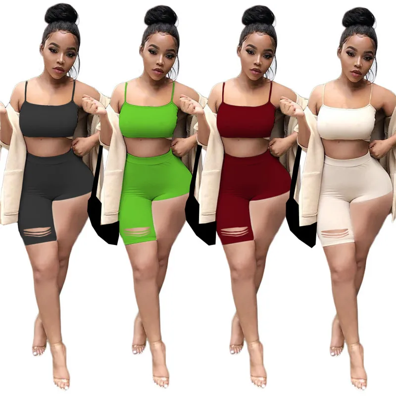 

KEXU Casual Tracksuits Fitness 2 Sets Spaghetti Strap Breast Wrap Top and Hollow Out Hole Sexy Short Pants Nightclub Party Wear