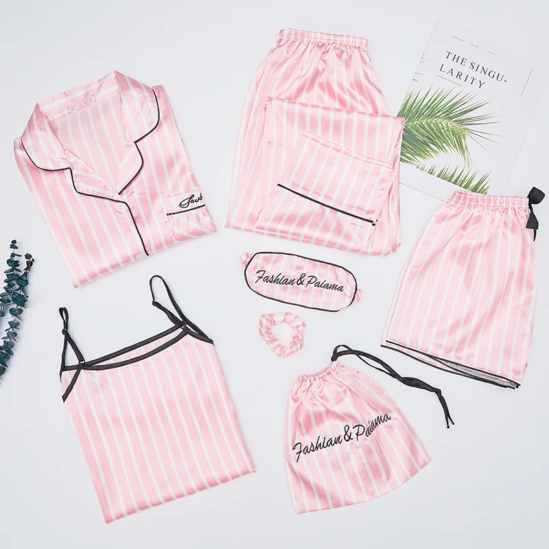 Autumn Spring 7 Pieces Set Silk Elegant Women Pajamas stripe Shorts Long Sleeve Tops Elastic Waist Pants Full Lounge Sleepwear
Autumn Spring 7 Pieces Set Silk Elegant Women Pajamas stripe Shorts Long Sleeve Tops Elastic Waist Pants Full Lounge Sleepwear