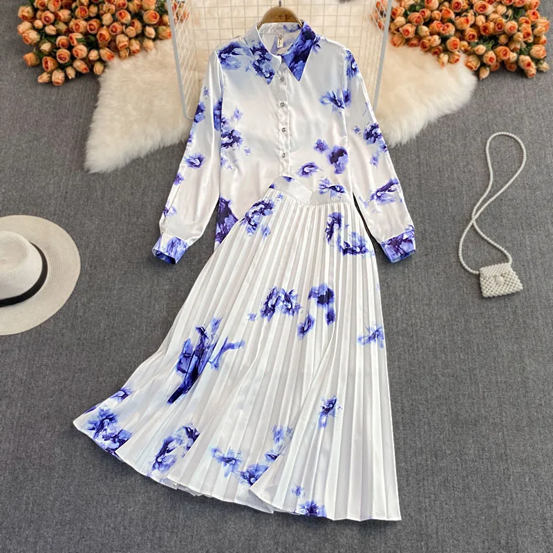 Autumn Elegant Skirts Suit Sets Blue Flower Print Blouse Shirt + A Line Pleated Midi Skirt Two Piece Sets Woman Clothing S61011
Autumn Elegant Skirts Suit Sets Blue Flower Print Blouse Shirt + A Line Pleated Midi Skirt Two Piece Sets Woman Clothing S61011