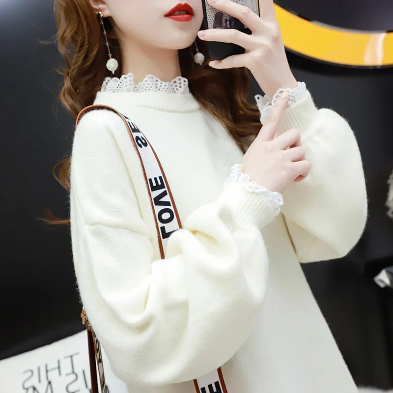 Korean Fashion Lace Splicing O-neck Knitted Sweater Women Solid Loose Jumper Ladies Spring Long sleeve Knit Pullover Tops Female
Korean Fashion Lace Splicing O-neck Knitted Sweater Women Solid Loose Jumper Ladies Spring Long sleeve Knit Pullover Tops Female