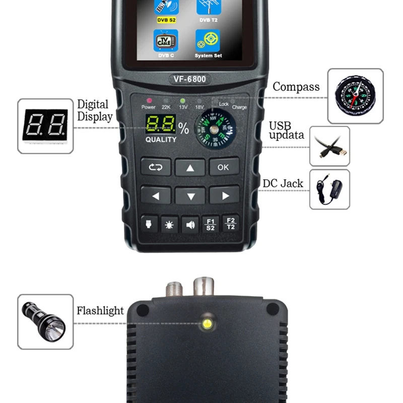 HOT-VF-6800 DVB-T2 DVB-S2 DVB-C Satellite Finder Sat Finder Meter 2.4 Inch LCD DVB-T DVB-S HD Digital Satfinder US Plug 
HOT-VF-6800 DVB-T2 DVB-S2 DVB-C Satellite Finder Sat Finder Meter 2.4 Inch LCD DVB-T DVB-S HD Digital Satfinder US Plug
