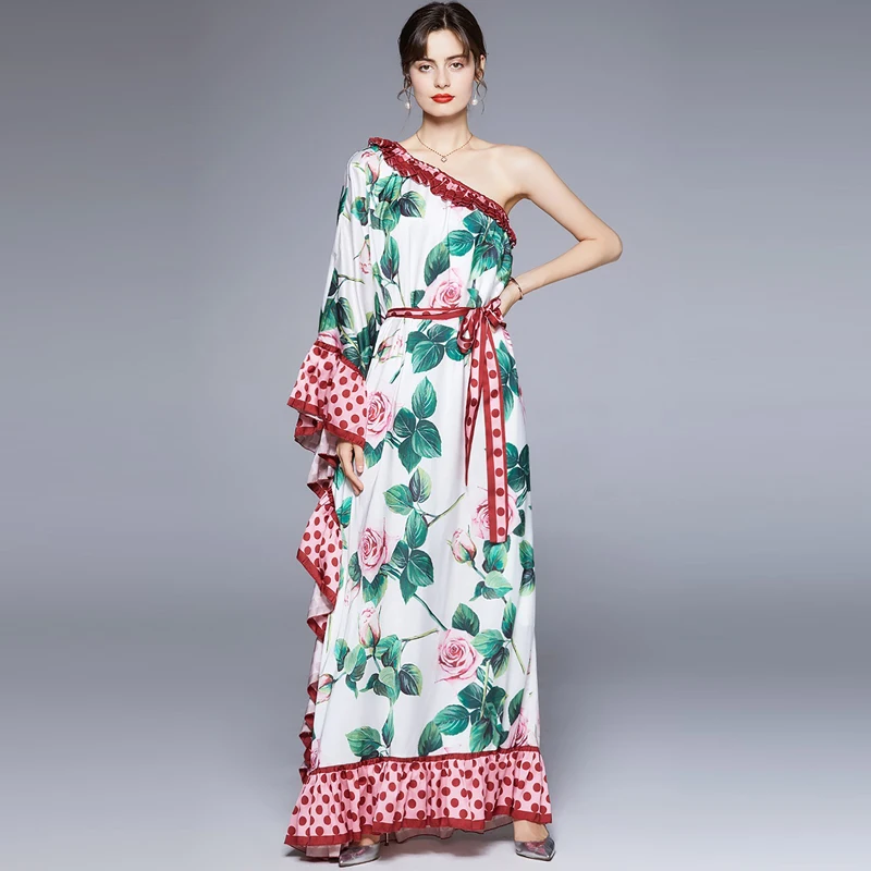 Vestidos De Fiesta Arabianl Loose Robe One-Shoulder Lrregular Collar Floral-Print Cascading Ruffle Vacation Party Maxi Dresses 
Vestidos De Fiesta Arabianl Loose Robe One-Shoulder Lrregular Collar Floral-Print Cascading Ruffle Vacation Party Maxi Dresses