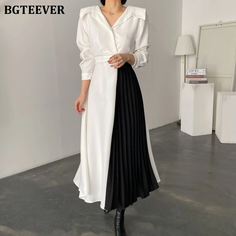 BGTEEVER Elegant Lapel Patchwork Women A-line Dress Long Sleeve Slim Waist Female Pleated Dress Spring Autumn OL Vestidos
BGTEEVER Elegant Lapel Patchwork Women A-line Dress Long Sleeve Slim Waist Female Pleated Dress Spring Autumn OL Vestidos