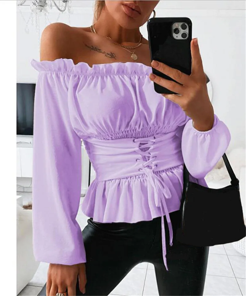 Spring Women's New Fashion Solid Color Long-sleeved Collar Long-sleeved Sexy Strapless Ruffled Straps Waist Slim Ladies Shirt
Spring Women's New Fashion Solid Color Long-sleeved Collar Long-sleeved Sexy Strapless Ruffled Straps Waist Slim Ladies Shirt