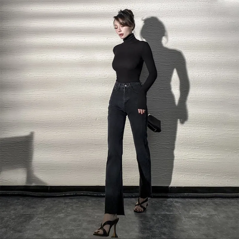 Black Split Bottom Flared Jeans Women High Waist Denim Pants Stacked Jeans Slim Fit Trousers Femme
Black Split Bottom Flared Jeans Women High Waist Denim Pants Stacked Jeans Slim Fit Trousers Femme