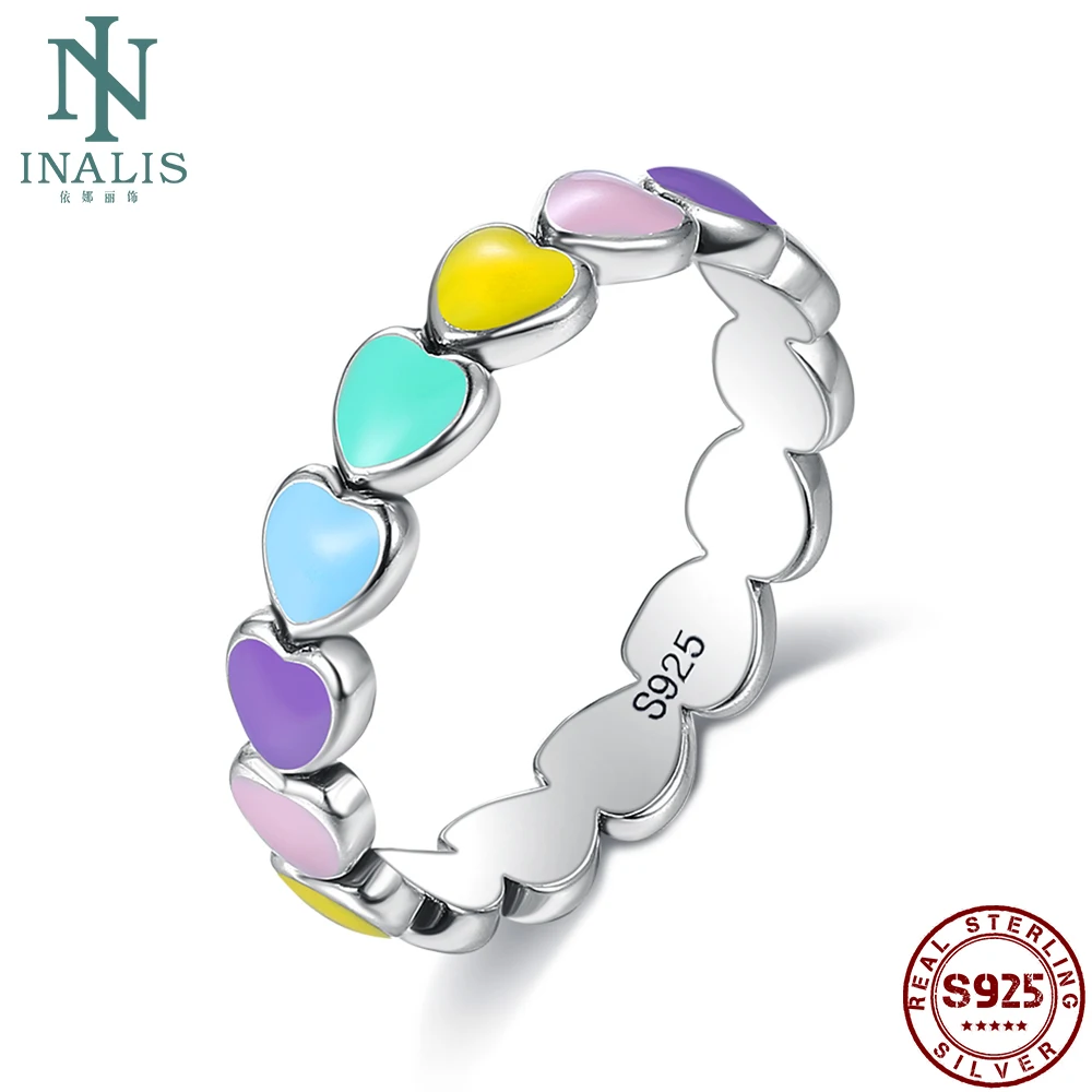 

INALIS Romantic Authentic 925 Sterling Silver Stackable Rainbow Heart Finger Rings For Women Engagement Ring Fine Jewelry Best