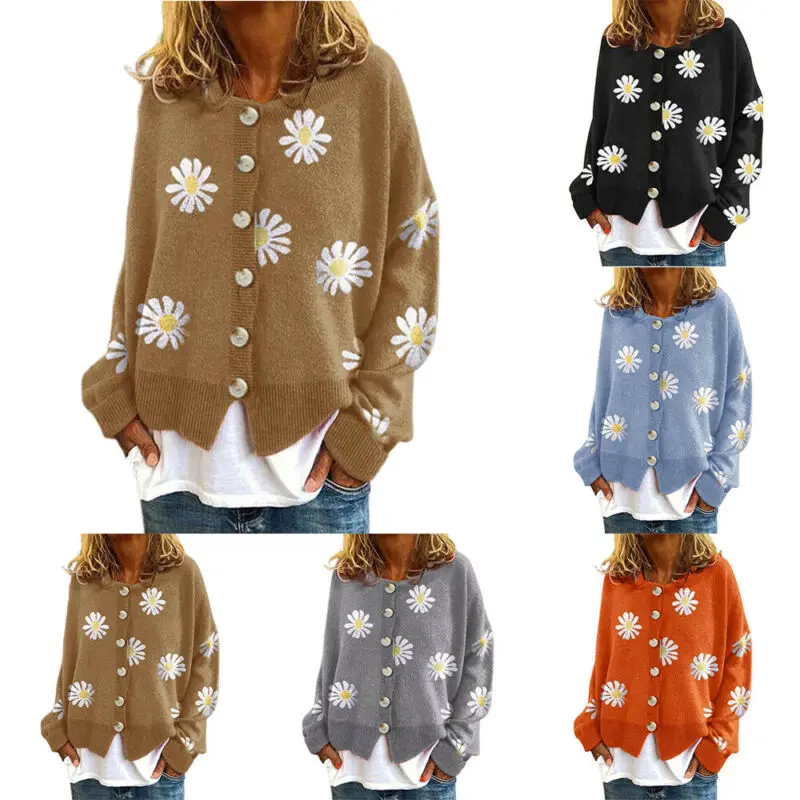 Womens Long Sleeve Tops Casual Loose Kintting Sweater Daisy Printed Cardigan Winter Warm Clothes Single Breasted Outwear Coat 
Womens Long Sleeve Tops Casual Loose Kintting Sweater Daisy Printed Cardigan Winter Warm Clothes Single Breasted Outwear Coat