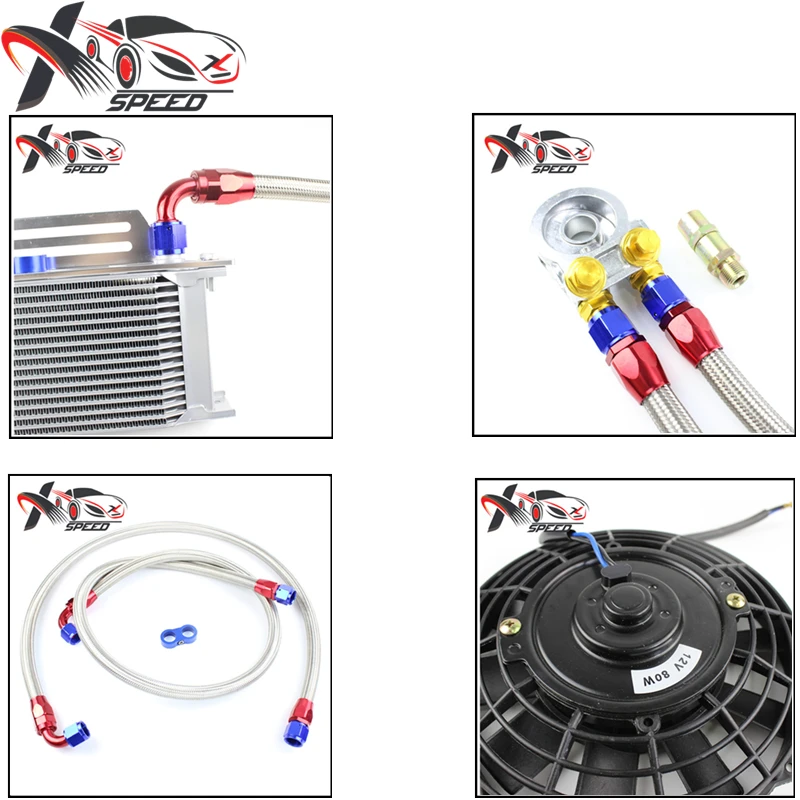 Universal 16 row oil cooler 7'' oil cooler fan + GREX thermostat oil adapter + engine radiator hose 
Universal 16 row oil cooler 7'' oil cooler fan + GREX thermostat oil adapter + engine radiator hose