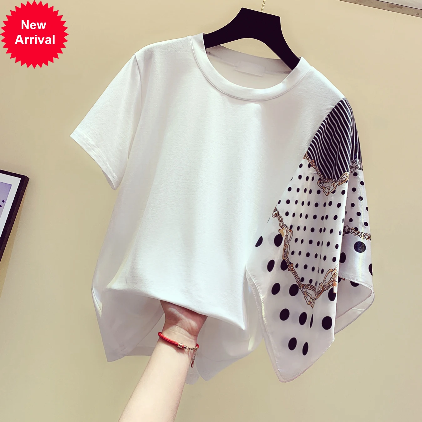 Fashion Wave Point Scarf Splice Round Collar Short-sleeved T-shirt Female 2020 Summer Tshirt Tee Shirts Pullovers Ropa Mujer
Fashion Wave Point Scarf Splice Round Collar Short-sleeved T-shirt Female 2020 Summer Tshirt Tee Shirts Pullovers Ropa Mujer