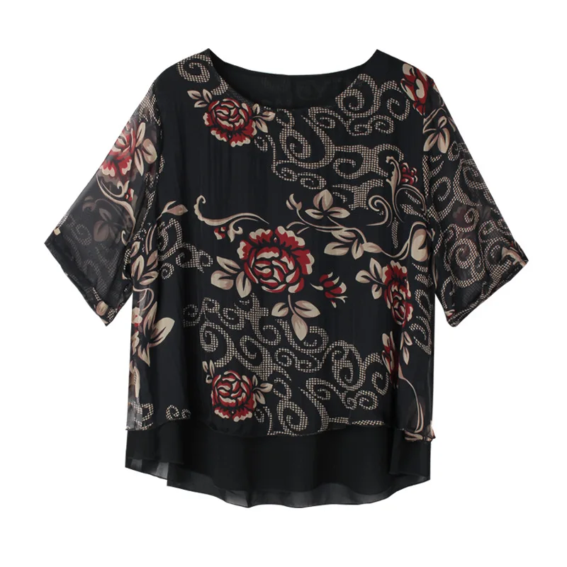 

Chiffon Blouse Women 2021 Summer Black Peony Print Elegant A-line Shirt Tops Ladies Plus Size Blouses XL XXL XXXL 4XL