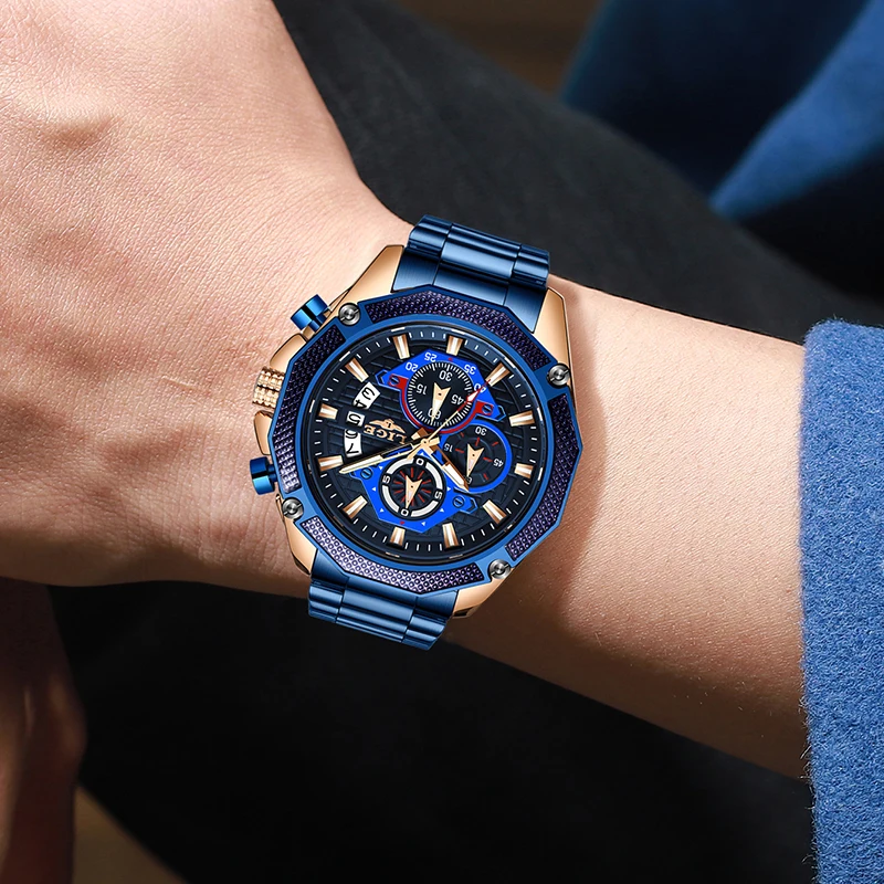 2019 LIGE new men's sports chronograph top brand luxury watch fashion business waterproof quartz large dial blue col | Наручные часы