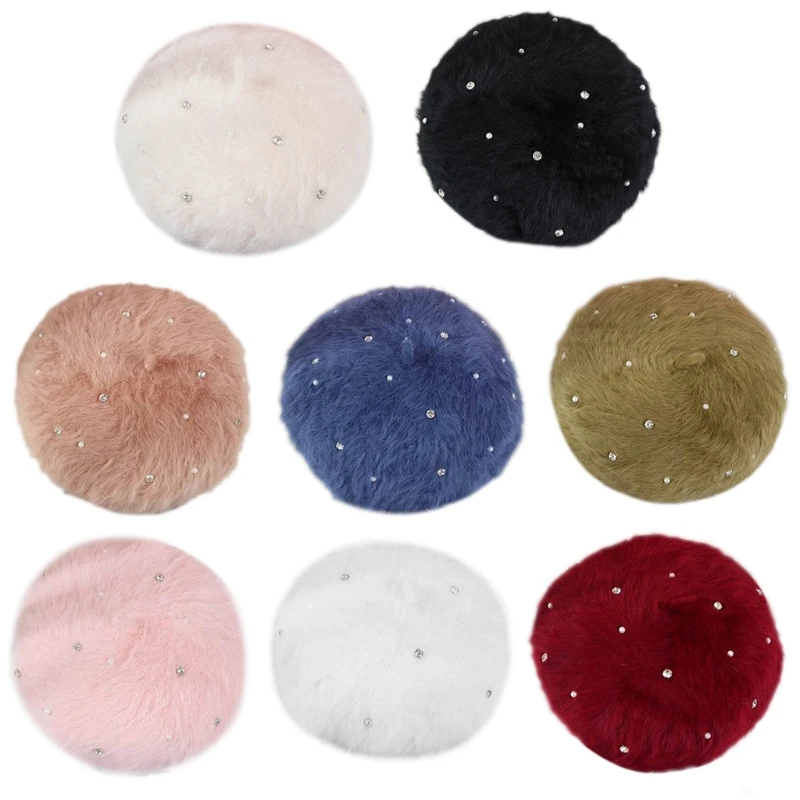 

French Style Women Winter Fuzzy Plush Beret Cap Rhinestone Faux Pearl Embellished Solid Color Painter Pumpkin Beanie Hat