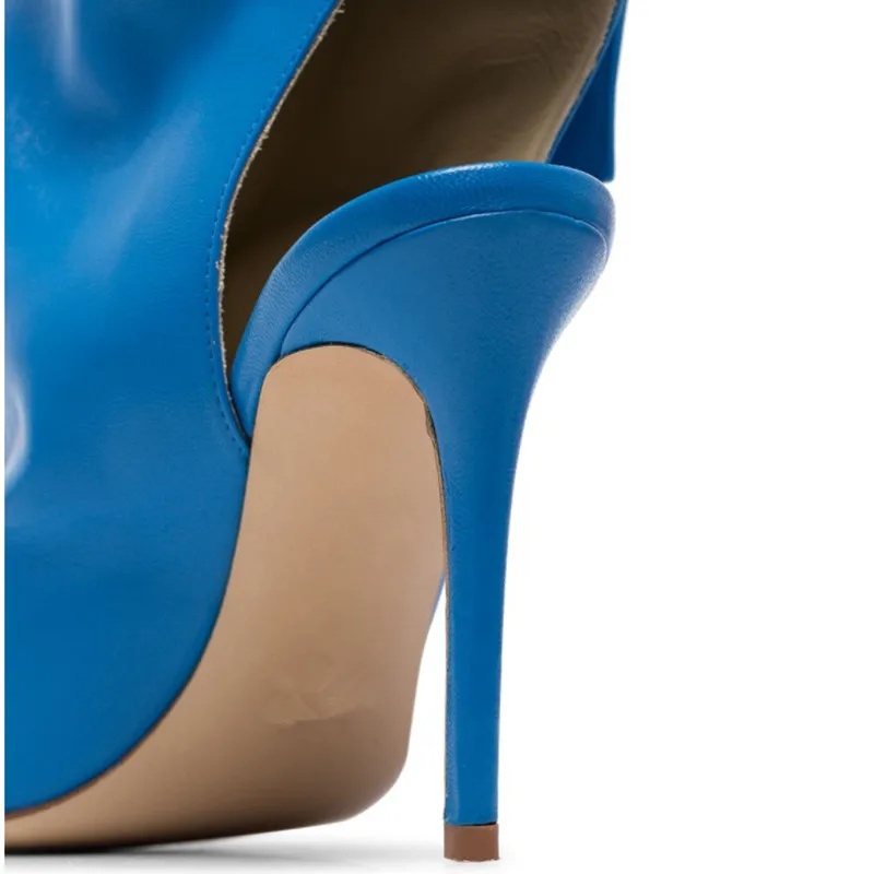 Темно синие кожаные дизайнерские женские сапоги выше колена Новинка Обувь с