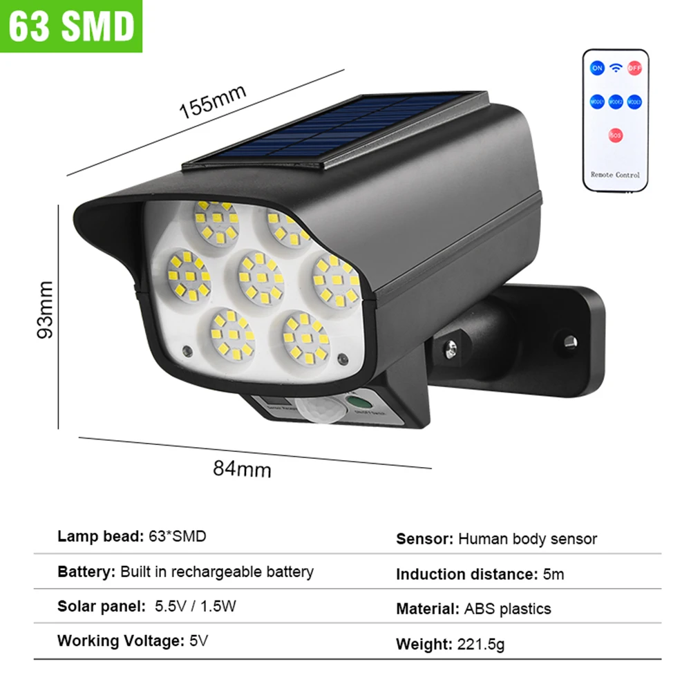 Solar Light Motion Sensor Wall Light 63LED Waterproof Dummy Camera Powered Sunlight Street Light For Garden Decoration
Solar Light Motion Sensor Wall Light 63LED Waterproof Dummy Camera Powered Sunlight Street Light For Garden Decoration