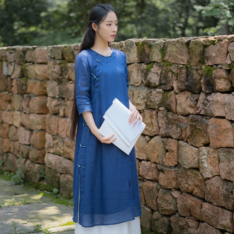 Summer Zen dress women's Chinese Zen literature and art medium long buckle tea dress Chinese style high end ramie dress 
Summer Zen dress women's Chinese Zen literature and art medium long buckle tea dress Chinese style high end ramie dress