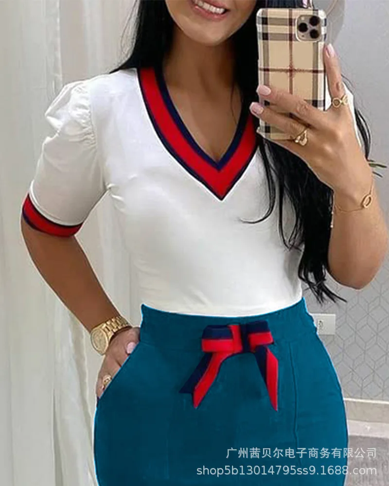 Wepbel Women's Skirt Suit Blue T-shirt Bow V-neck Split Puff Sleeve Temperament Commute Summer Short Skirt Stitching Skirt
Wepbel Women's Skirt Suit Blue T-shirt Bow V-neck Split Puff Sleeve Temperament Commute Summer Short Skirt Stitching Skirt