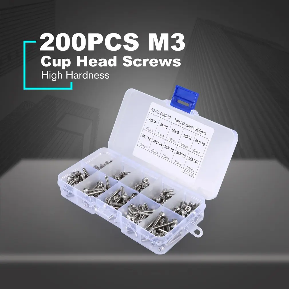 200pcs/set Stainless Steel Cup Head Insiade Hexagonal Bolts Cylinder Head Screw Knurled Screw Set M3*4/5/6/8/10/12/14/16/18/20mm
200pcs/set Stainless Steel Cup Head Insiade Hexagonal Bolts Cylinder Head Screw Knurled Screw Set M3*4/5/6/8/10/12/14/16/18/20mm