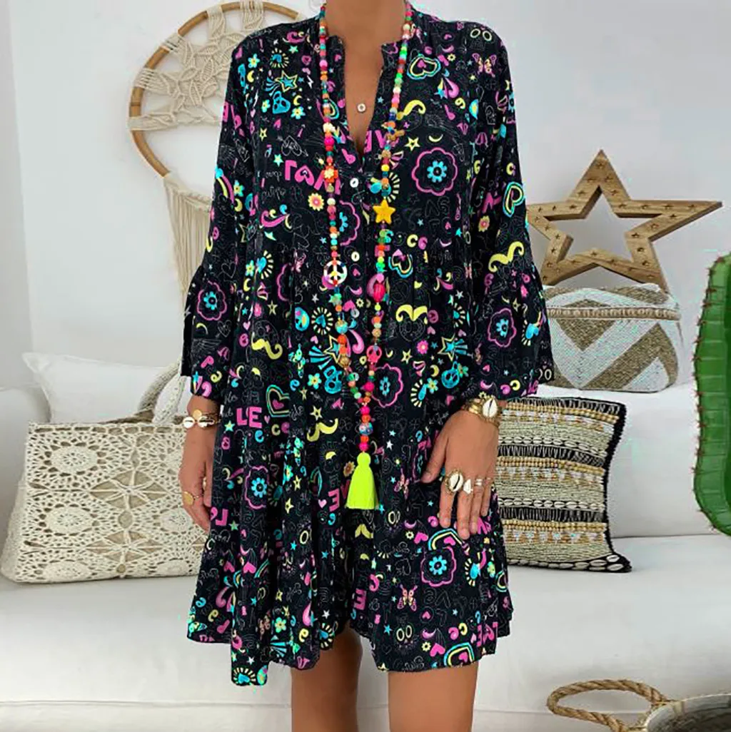 Floral Print Boho Dress Women Elegant Sexy Loose Long Sleeve V-collar Button Party Dresses
Floral Print Boho Dress Women Elegant Sexy Loose Long Sleeve V-collar Button Party Dresses