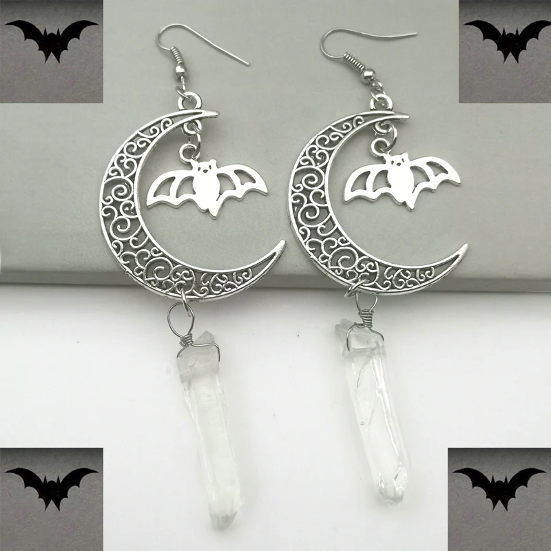 

Transparent Quartz Crystal Flying Bat and Crescent Earrings, Hollow Moon Earrings, Gothic Vampire Bat Earrings, Witch Jewelry