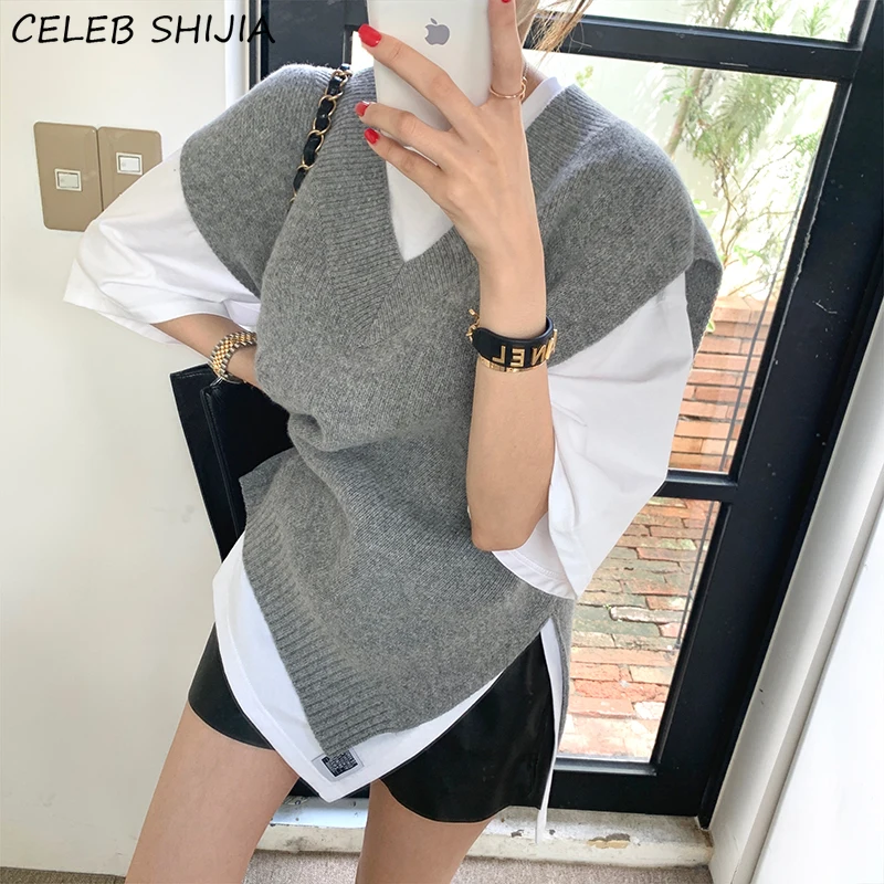 Autumn Chic Sleeveless Sweaters Jumpers Woman V-neck Oversized Korean Knitting Pullover Woman Fall Lazy Style Sweater 
Autumn Chic Sleeveless Sweaters Jumpers Woman V-neck Oversized Korean Knitting Pullover Woman Fall Lazy Style Sweater