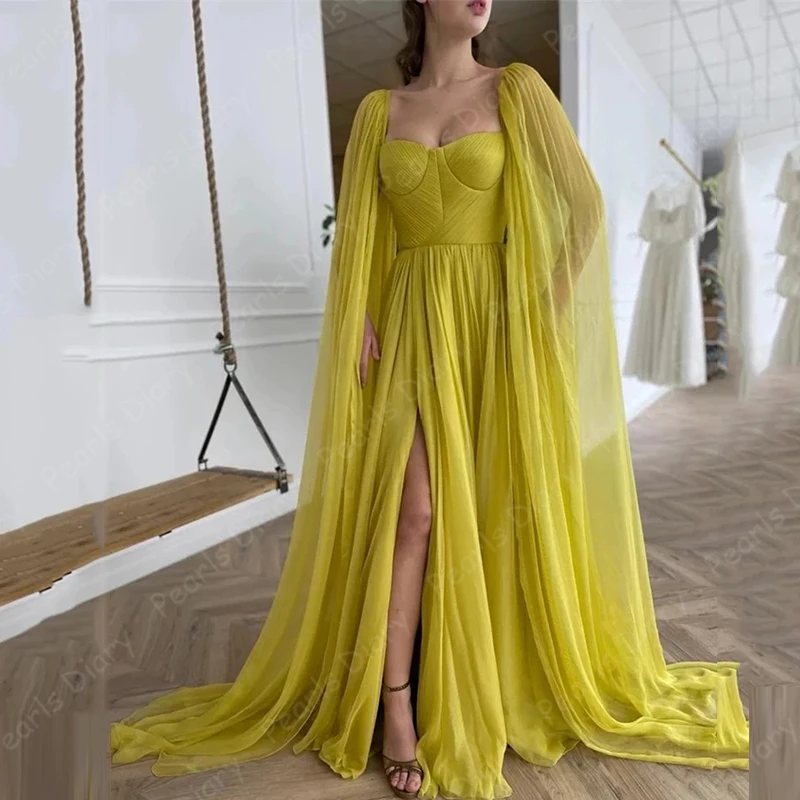 Hot Sale 2021 Citrine Yellow Silk Chiffon Prom Dresses With Long Cape Dubai outure Sweetheart Pleats Side Slit Evening Gowns
Hot Sale 2021 Citrine Yellow Silk Chiffon Prom Dresses With Long Cape Dubai outure Sweetheart Pleats Side Slit Evening Gowns
