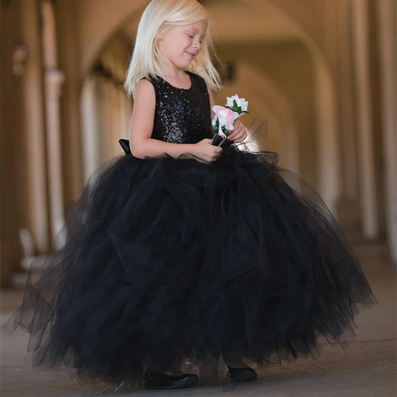Платья с цветочным узором для девочек на свадьбу черная фатиновая юбка блестками