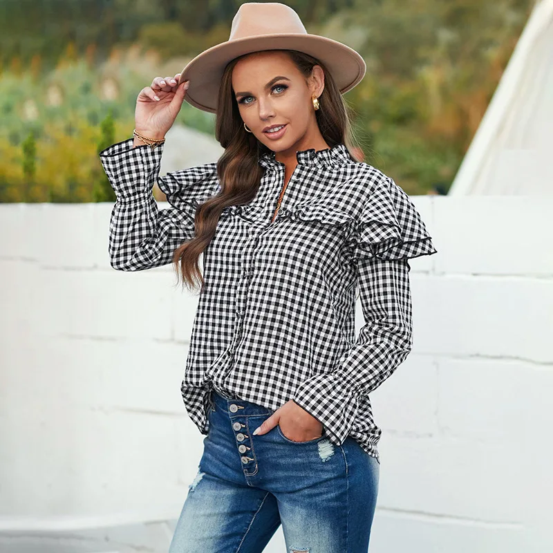 Plaid Shirt Women's Autumn New European and American Ruffle Long Bishop Sleeve Button Loose Top Cardigan
Plaid Shirt Women's Autumn New European and American Ruffle Long Bishop Sleeve Button Loose Top Cardigan