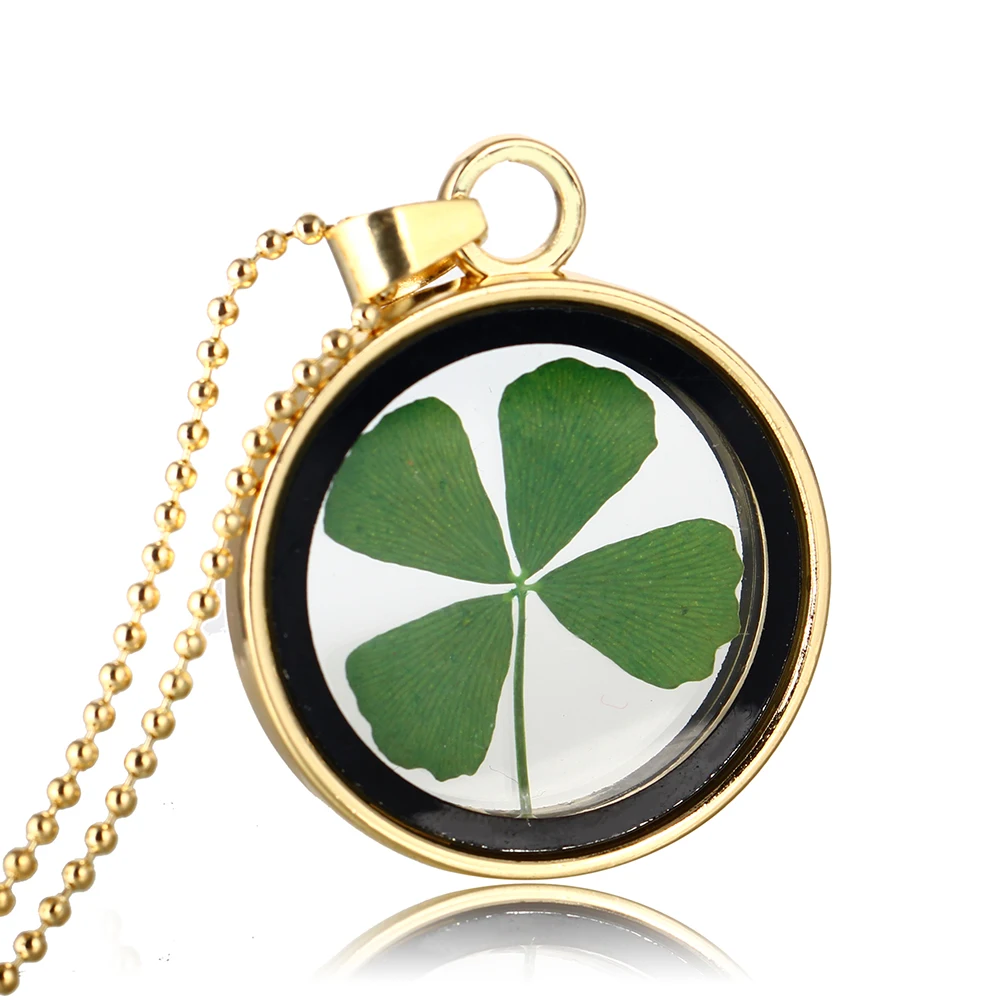 

2019 Round Glass Pendant Necklaces Dried Flower Four Leaf Clover Bring Lucky Dried Flowers Charms Jewelry for women/Girl